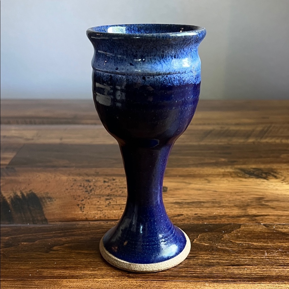 Vintage Handmade Studio Pottery Two Tone Speckled Indigo Blue Challis Goblet